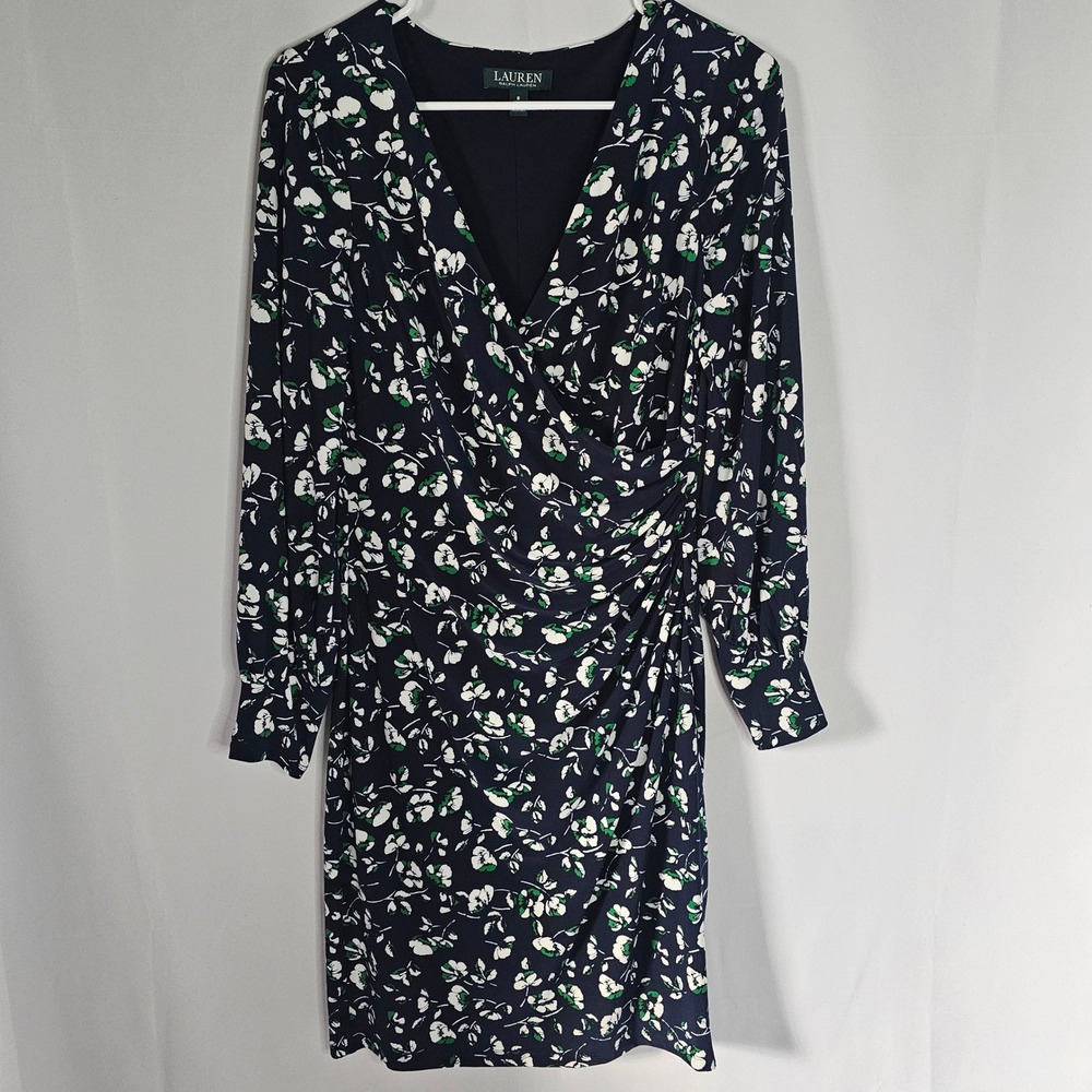 Lauren Ralph Lauren Women's Floral Print Long‎ Sleeve Navy Blue Dress Size 8